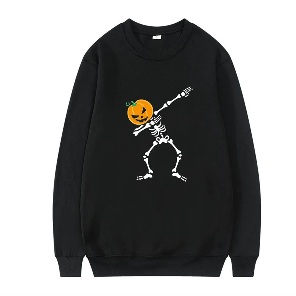 Women's printed polyester crew neck long sleeve top in black, shown in Asian sizing for autumn and winter wear.