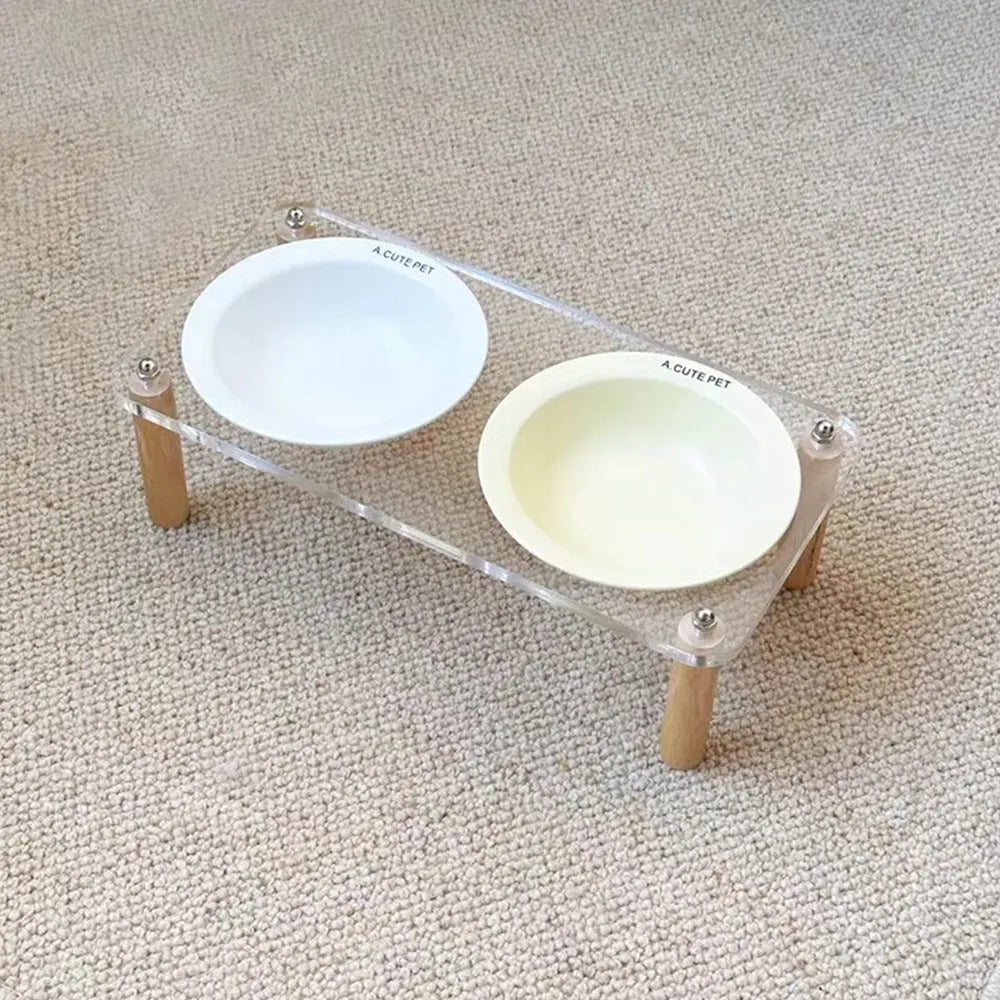 Cream yellow single ceramic cat bowl with wooden rack, anti-tumble design for elevated cat feeding
