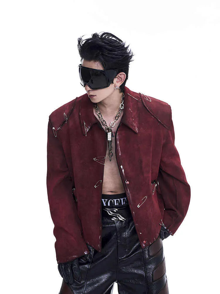 Men's red quilted jacket with decorative flocking pins and lapel collar