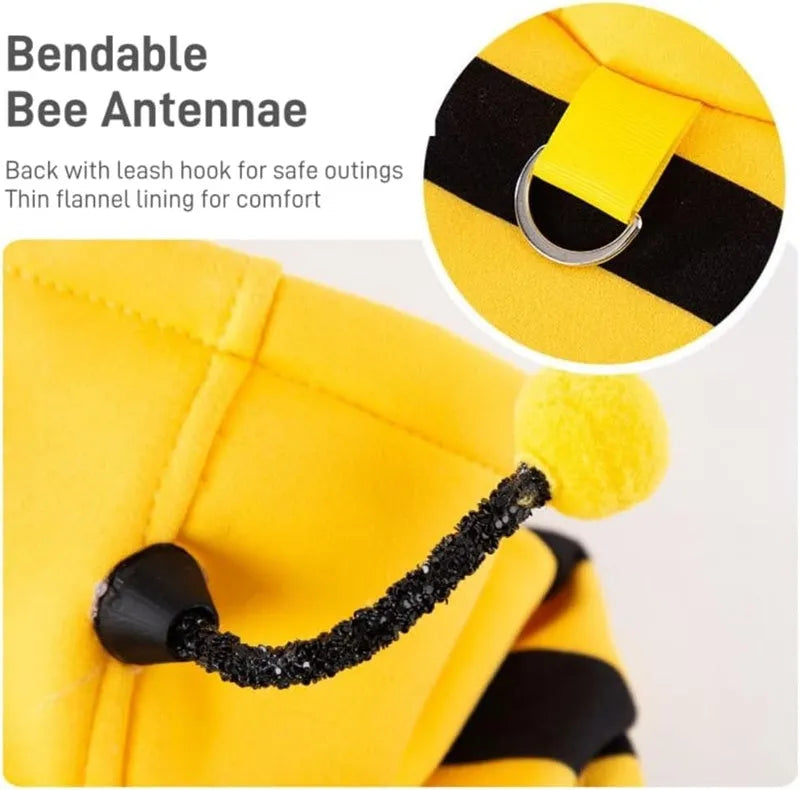 Bee antenna pet hoodie in yellow and black stripes with back belt hook, sizes XS to XXL