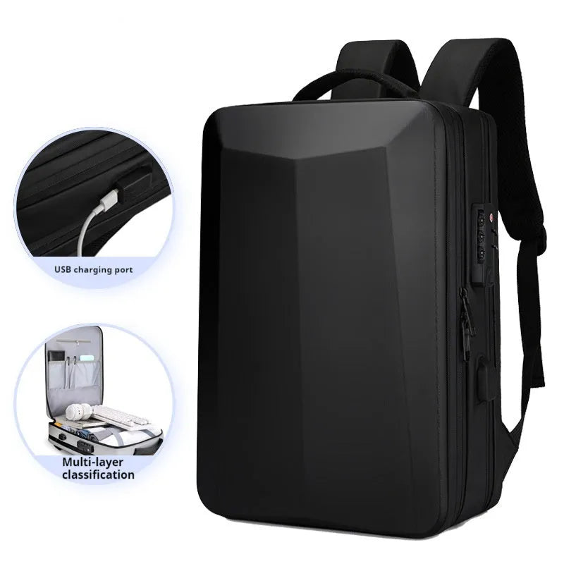 Black and silver white waterproof business backpack with Oxford cloth texture and curved shoulder straps.