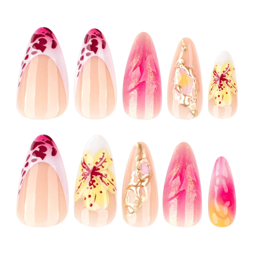 Set of 24 French gradient leopard print 3D flower nail stickers with glue in colour JP3852