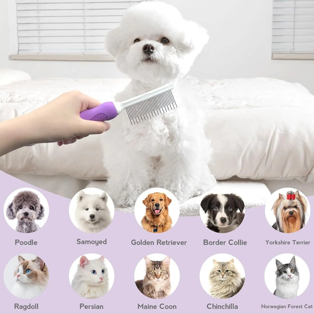 Purple pet detangling comb with stainless steel teeth and ergonomic handle on white background.