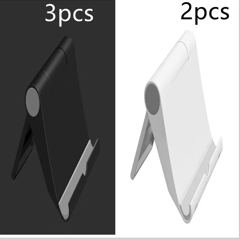 Black PE folding tablet stand holding mobile phone at adjustable angle