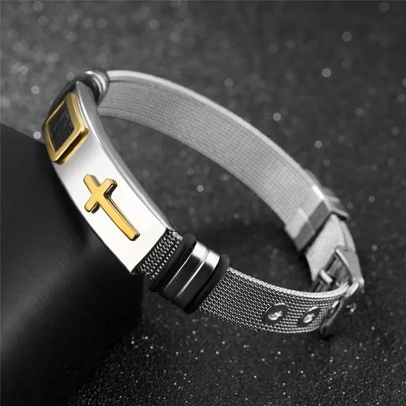 Adjustable 3D cross stainless steel mesh chain bracelet in gold on a white background