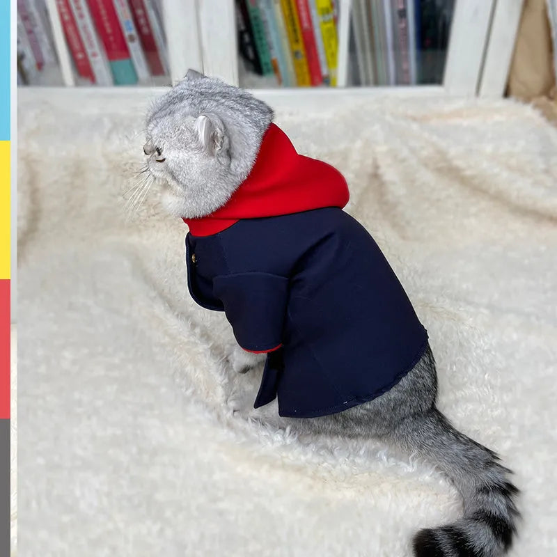 A Tiger Staff Yuren coloured hoodie for a small dog or cat, worn as a photo prop costume.