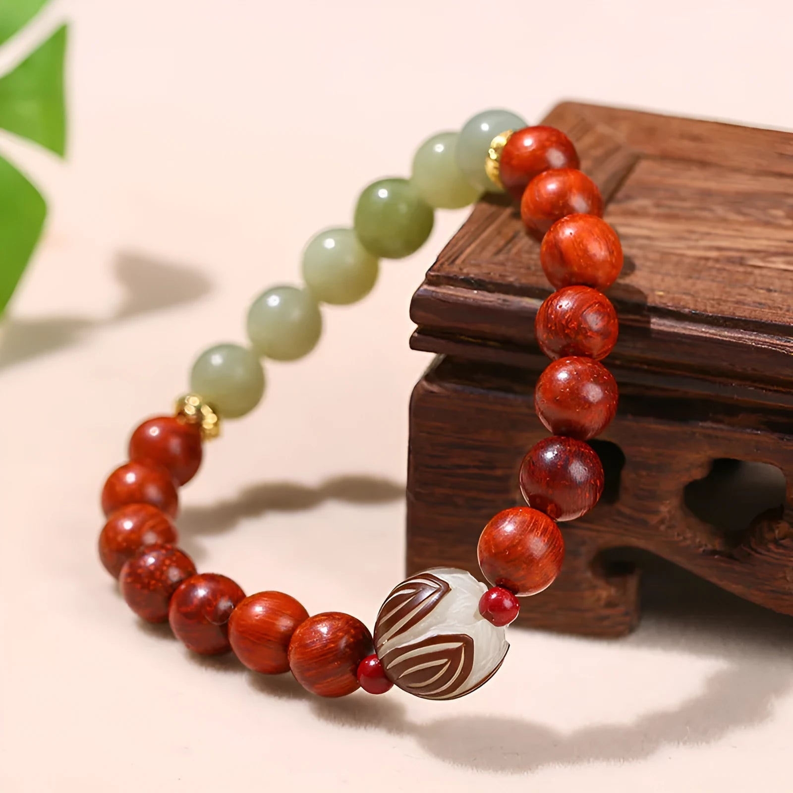 Red rosewood and gray jade Bodhi lotus bracelet with 12mm beads and Chinese style design