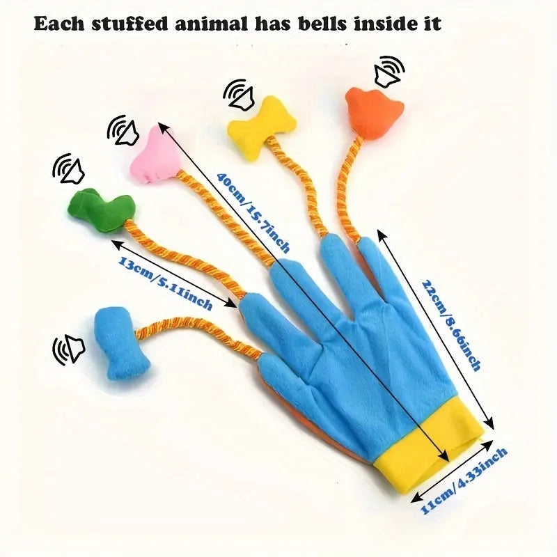 Yellow and blue plush magic glove cat toy with bell, shown with dimensions 40cm by 11cm.