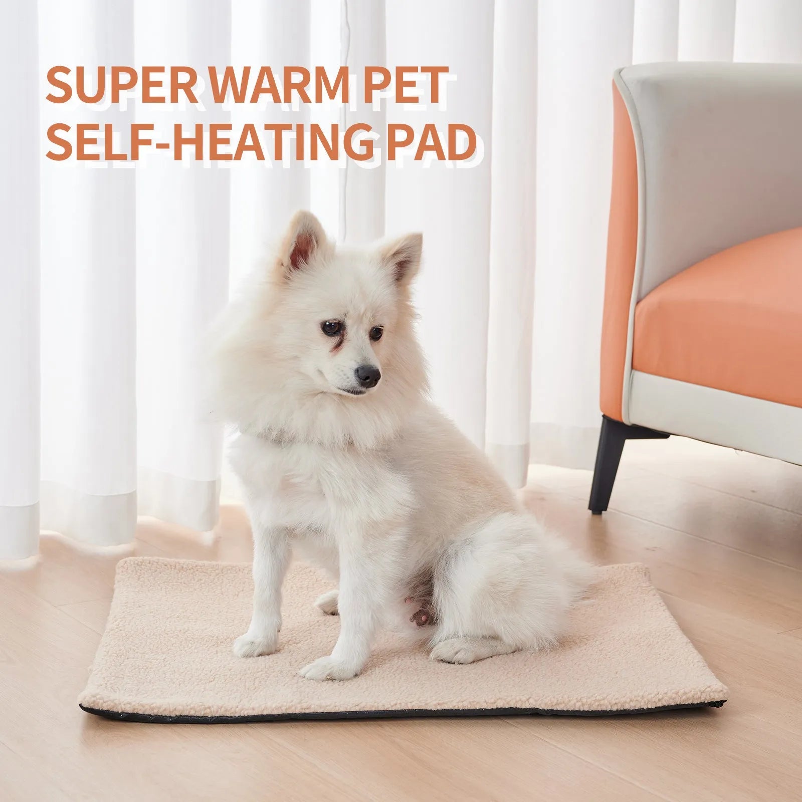 Grey self-heating plush pet pad for cats on a wooden floor