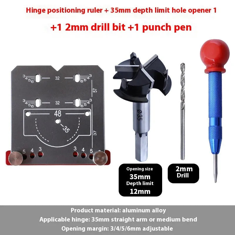 Red aluminium alloy hinge locating ruler with adjustable margins and carbide tip blade for 35mm hinges.