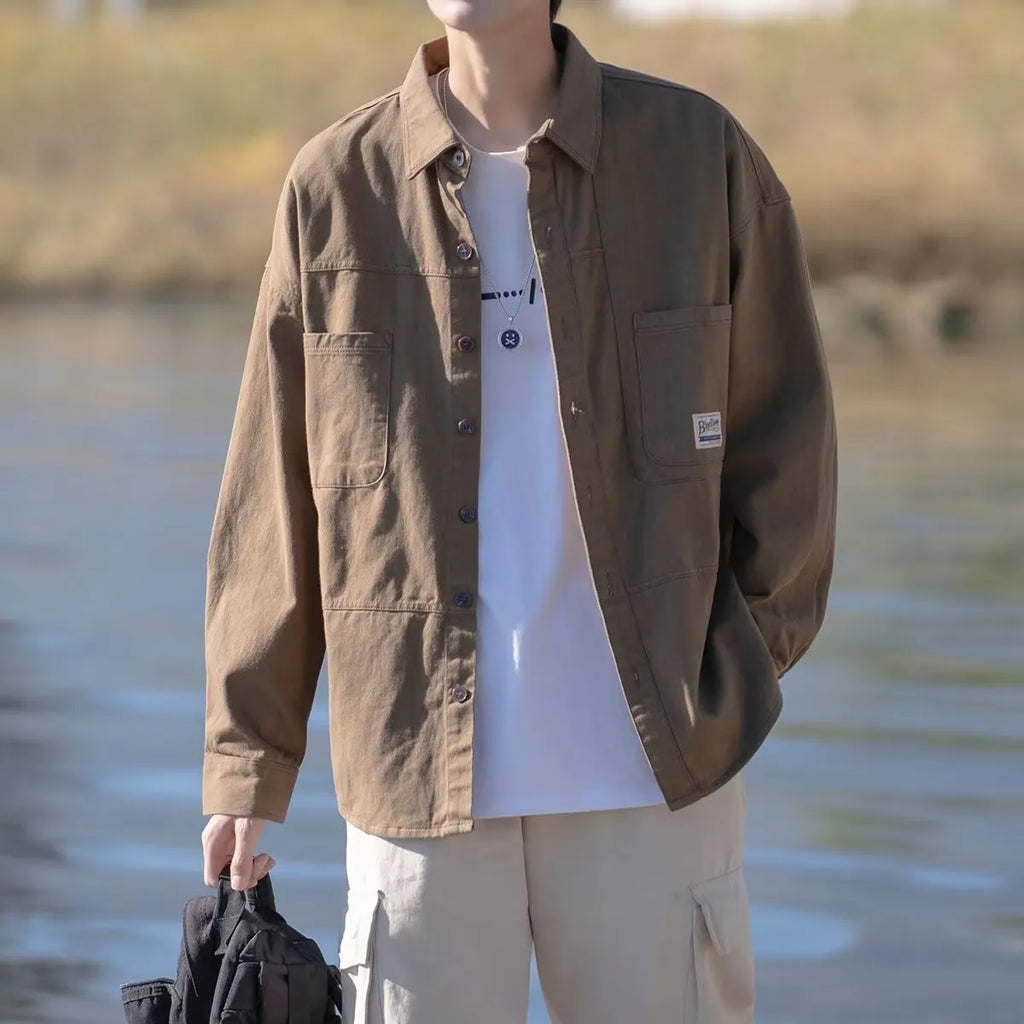 Japanese work shirt jacket in cotton loose fit cardigan style square collar black coffee green colours