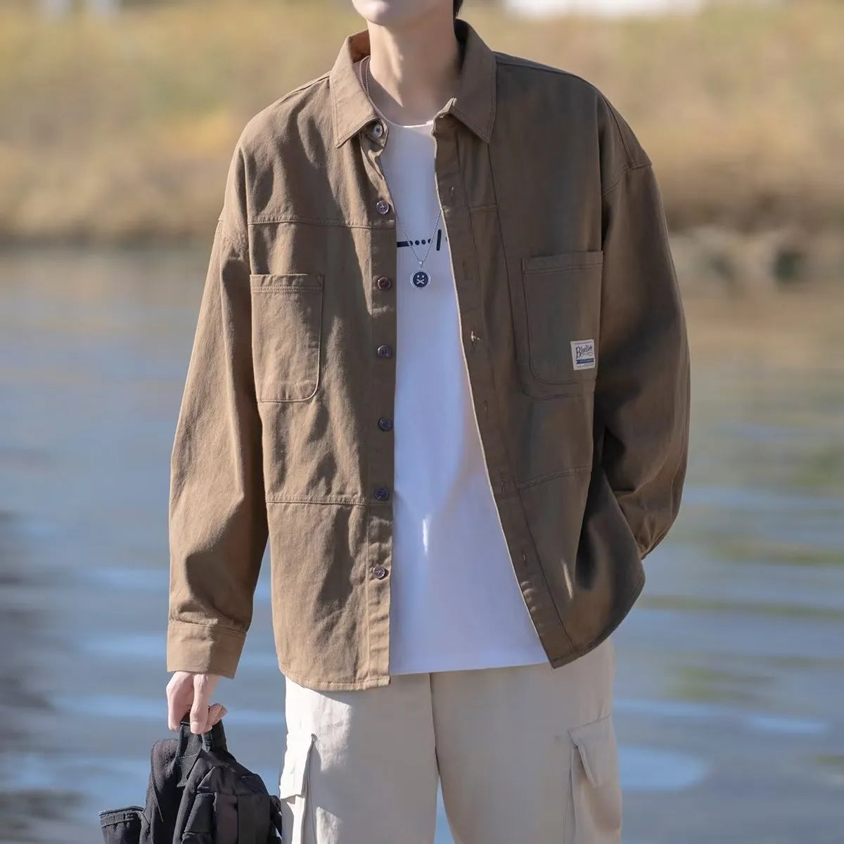 Japanese work shirt jacket in cotton loose fit cardigan style square collar black coffee green colours
