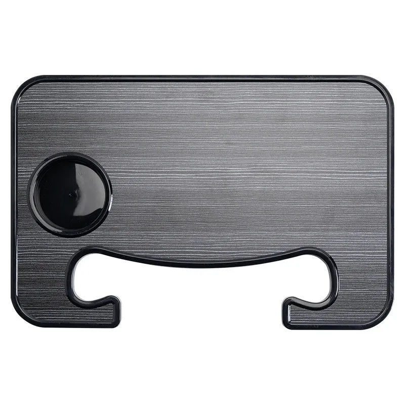 Foldable black car laptop table with built-in cup holder mounted on steering wheel