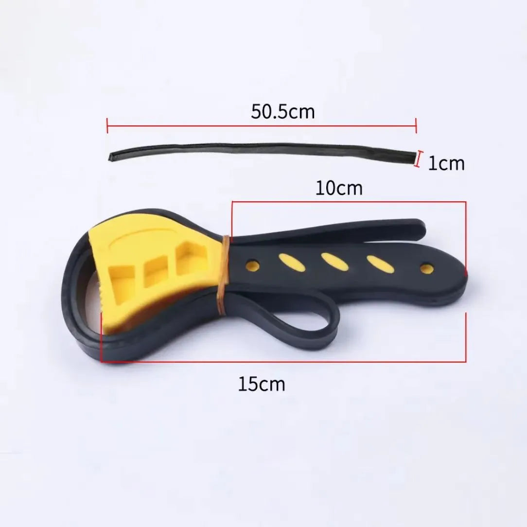 Adjustable rubber strap wrench in 6-inch and 8-inch sizes with plastic rubber strap and phosphated metal.