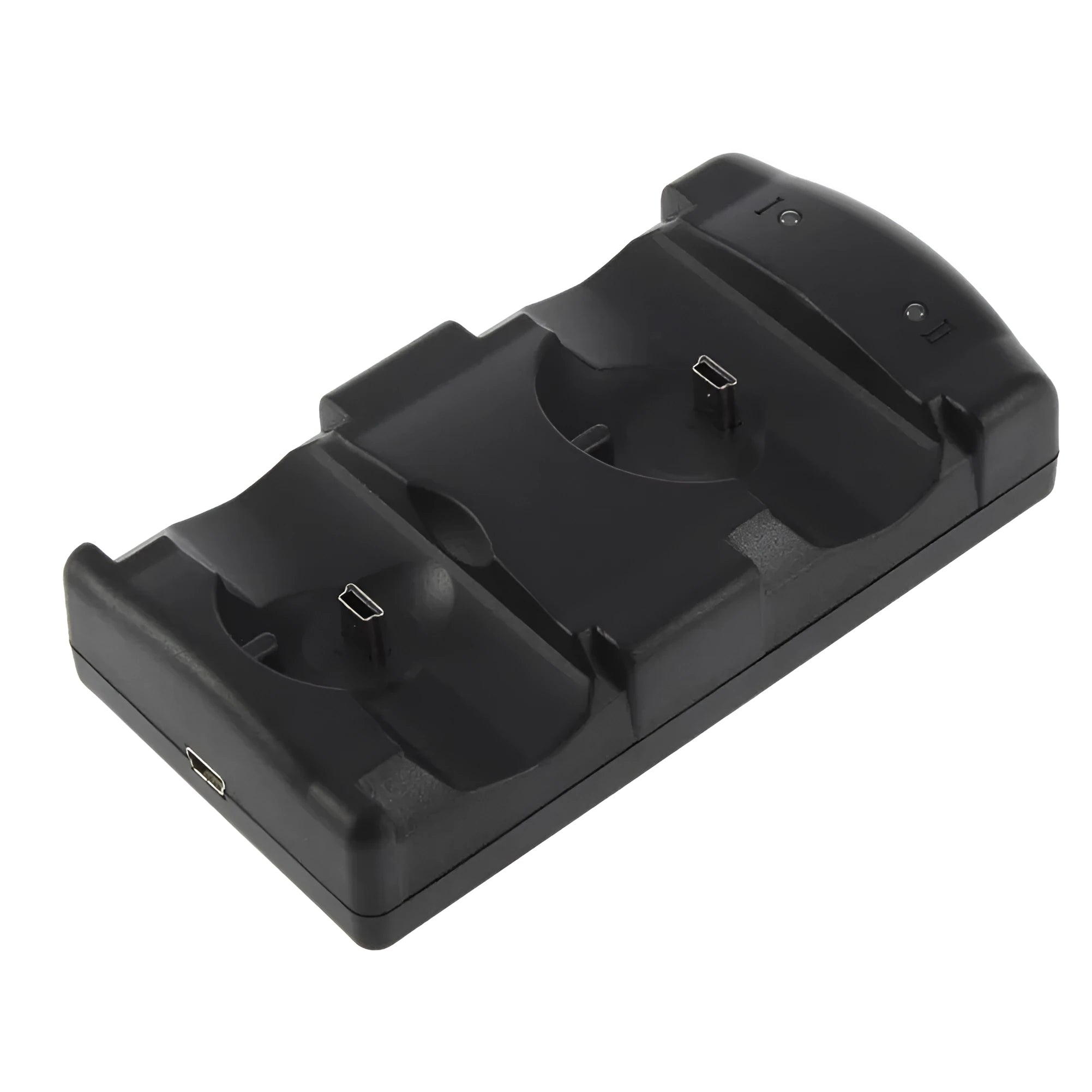 Black PS3 dual controller charging stand with wireless charging and USB interface