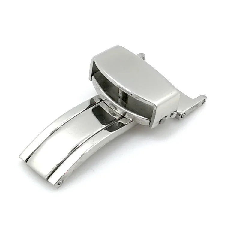 Silver stainless steel single-side folding watch clasp on a white background, showing five size options from 14mm to 22mm.