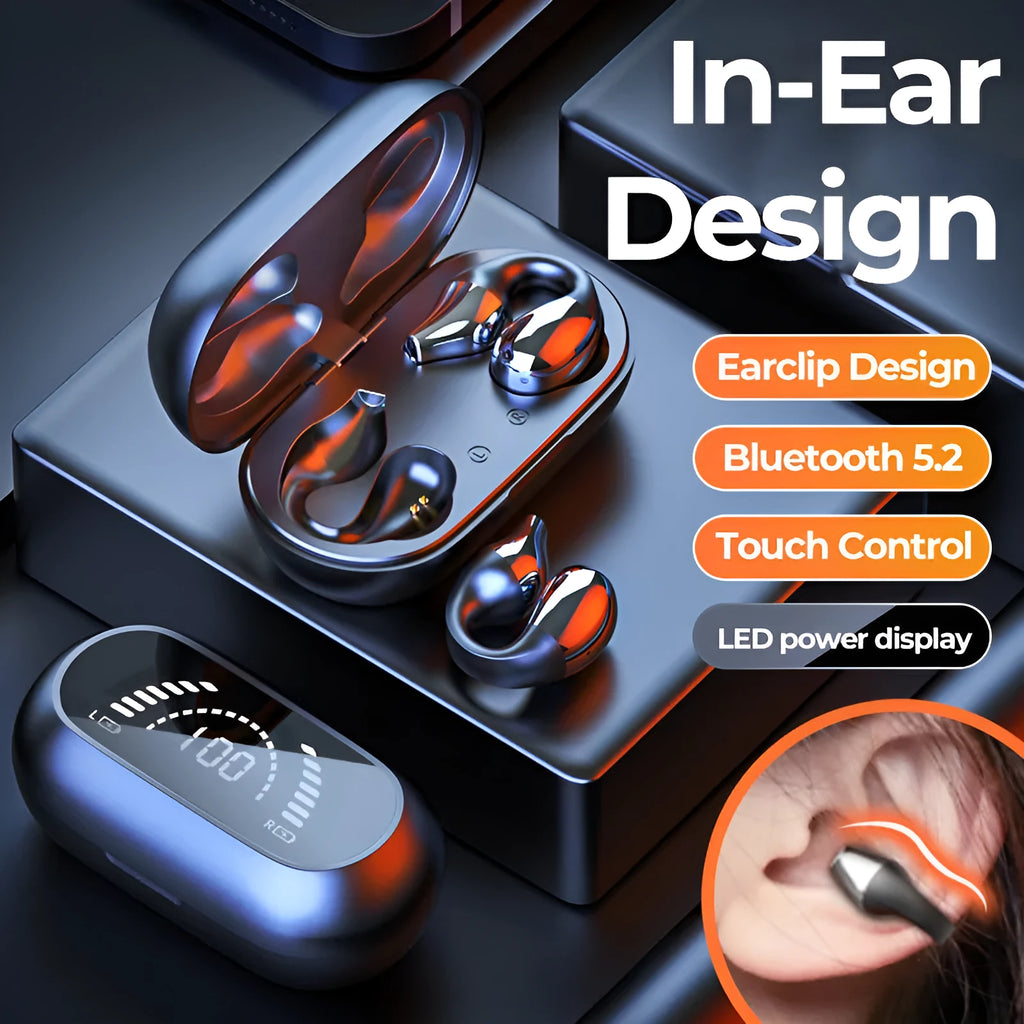 Ear clip bone conduction headphone Bluetooth 5.2 wireless earbuds white with 350mAh charging box