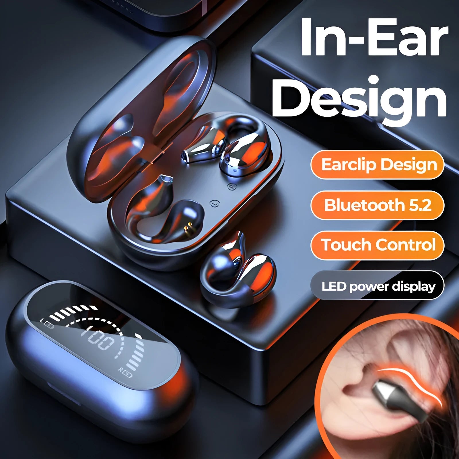Ear clip bone conduction headphone Bluetooth 5.2 wireless earbuds white with 350mAh charging box