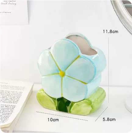 Ceramic flower pen holder storage box with floral pattern, dimensions 11.8x5.8x10cm
