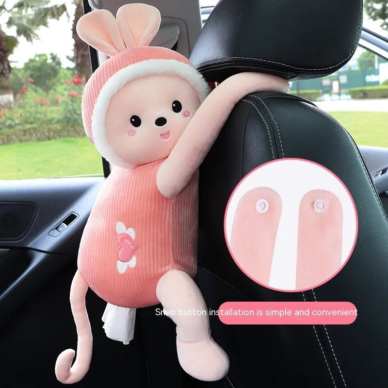 Soft plush car seat back tissue box holder in animal design, showing dimensions 34cm by 15cm.