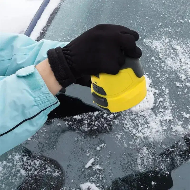 Yellow cordless electric ice scraper with USB charging cable for car windscreen deicing