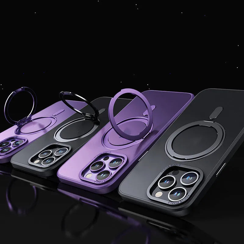 Transparent fulcrum iPhone case with magnetic bracket on grey background.