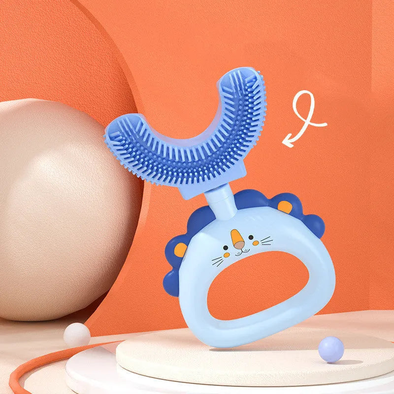 Children's U-shaped silicone toothbrush in blue for ages 2-6 with cute lion design