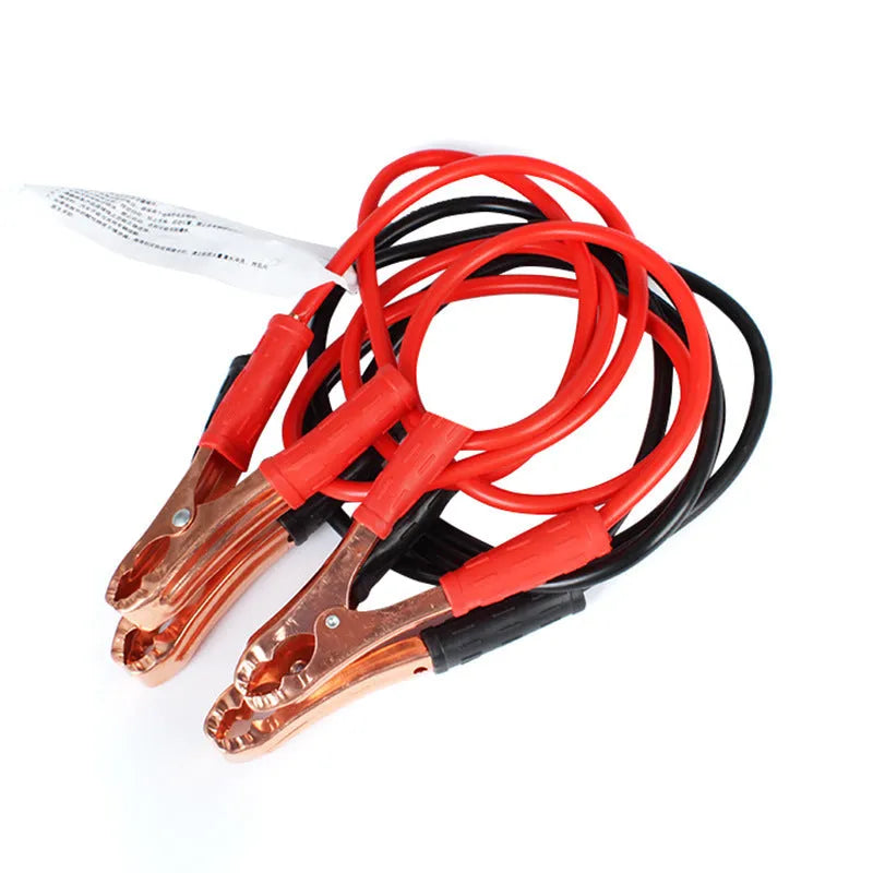 Black and red car battery jump starter cables with battery clips on 2 metre cables