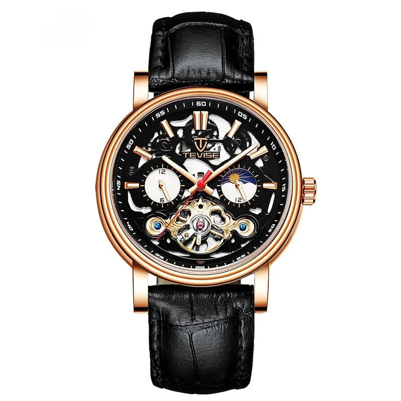 Men's tourbillon mechanical watch with luminous hands on a black dial, showing a 16.5mm thick case.