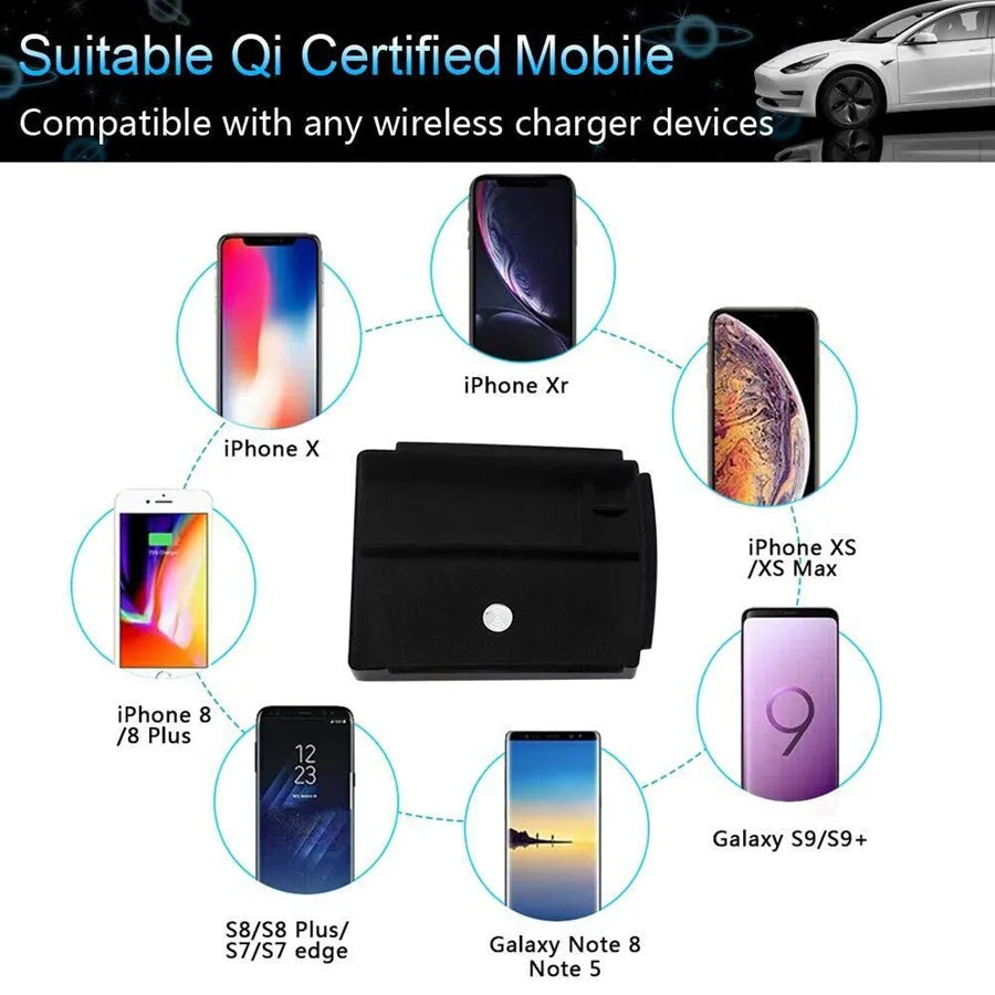 Black rectangular wireless charging storage box for Qi-compatible phones on a desk.