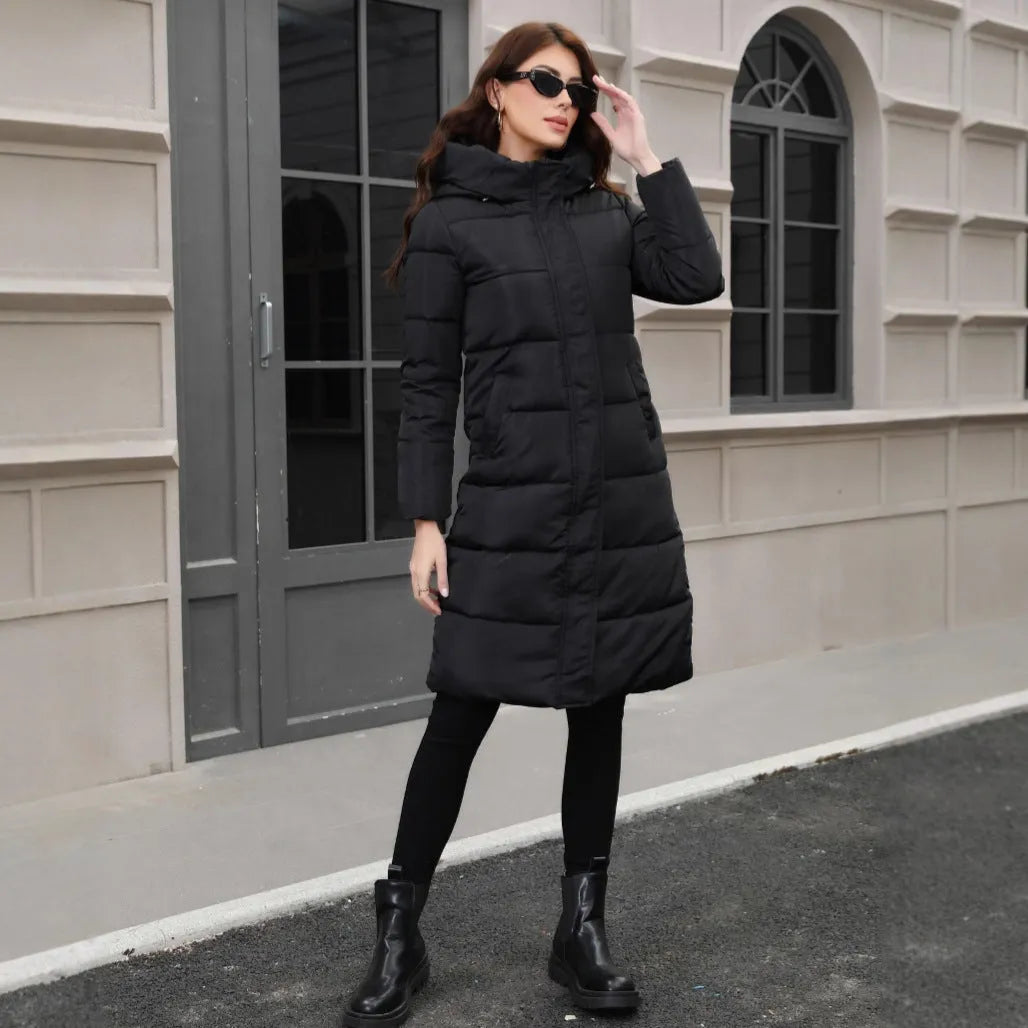 Black slim fit hooded jacket with long sleeves for cold weather protection
