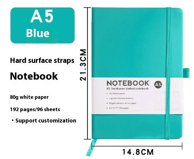 A5 diary notebook with soft skin-feel PU leather cover, strap closure, and horizontal line inner pages