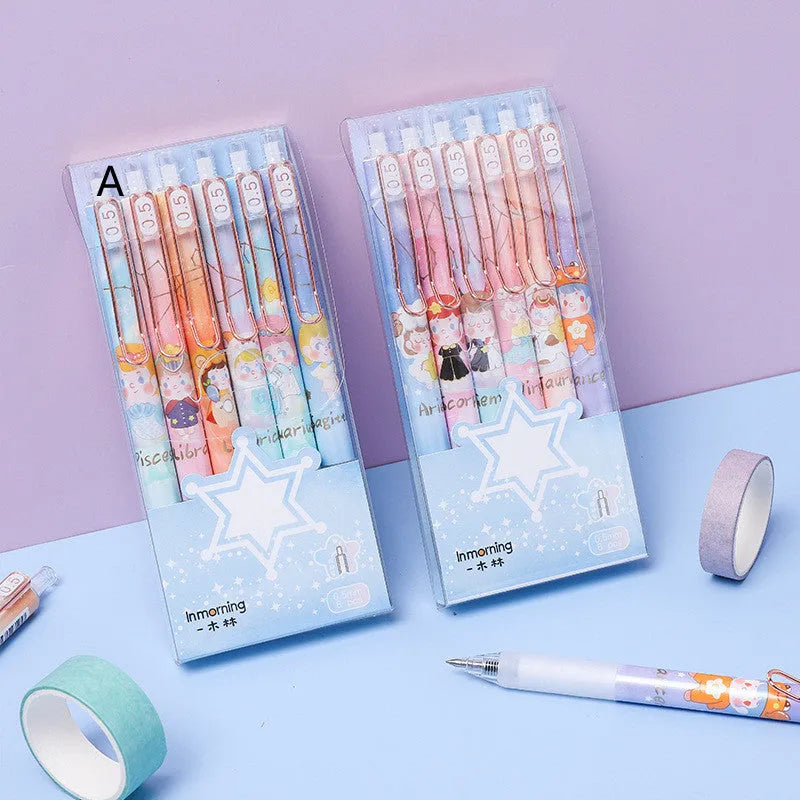 Set of six constellation-themed press gel pens with 0.5mm tips in plastic shells