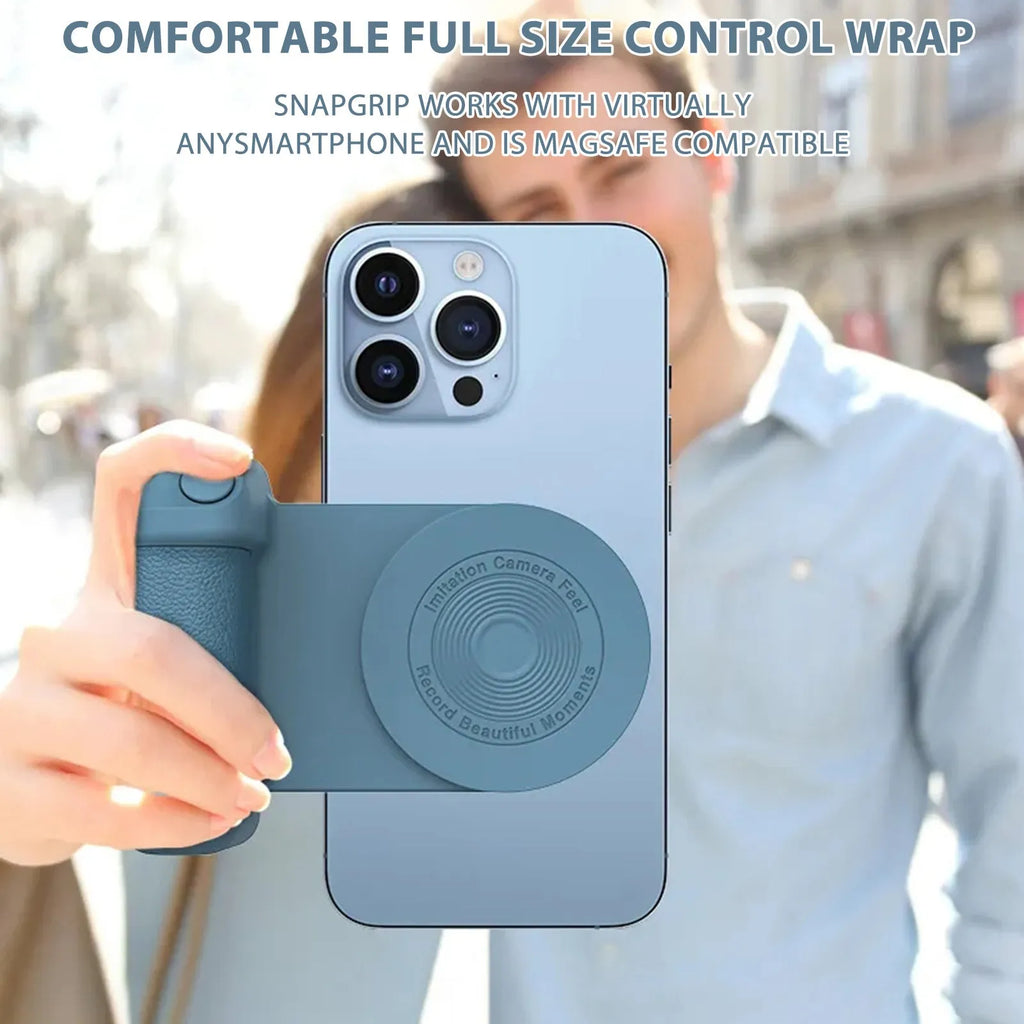 Black magnetic phone camera holder with rotatable grip and ergonomic PU leather handle