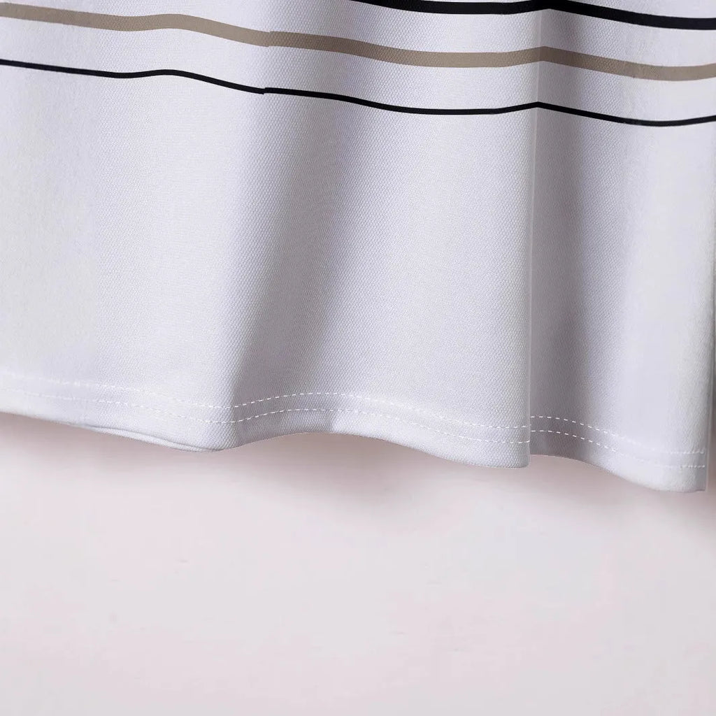 Men's white striped short sleeve t-shirt on a hanger
