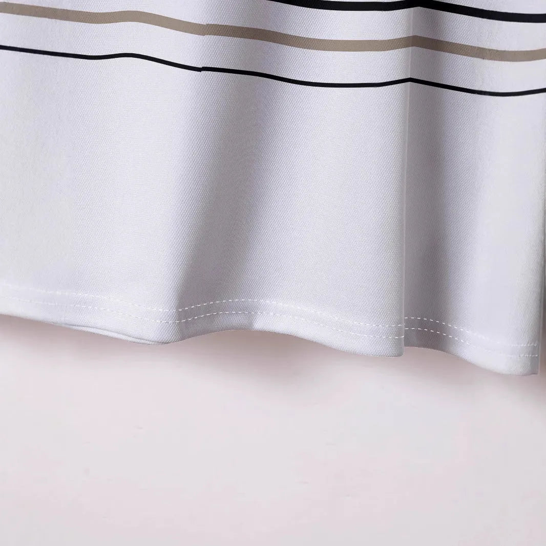 Men's white striped short sleeve t-shirt on a hanger