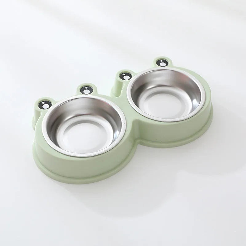 Stainless steel pet double bowl for food and water in blue, green, or pink.