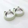 Stainless steel pet double bowl for food and water in blue, green, or pink.