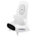 White mini chair-shaped wireless phone charger with 10W fast charging capability on desk