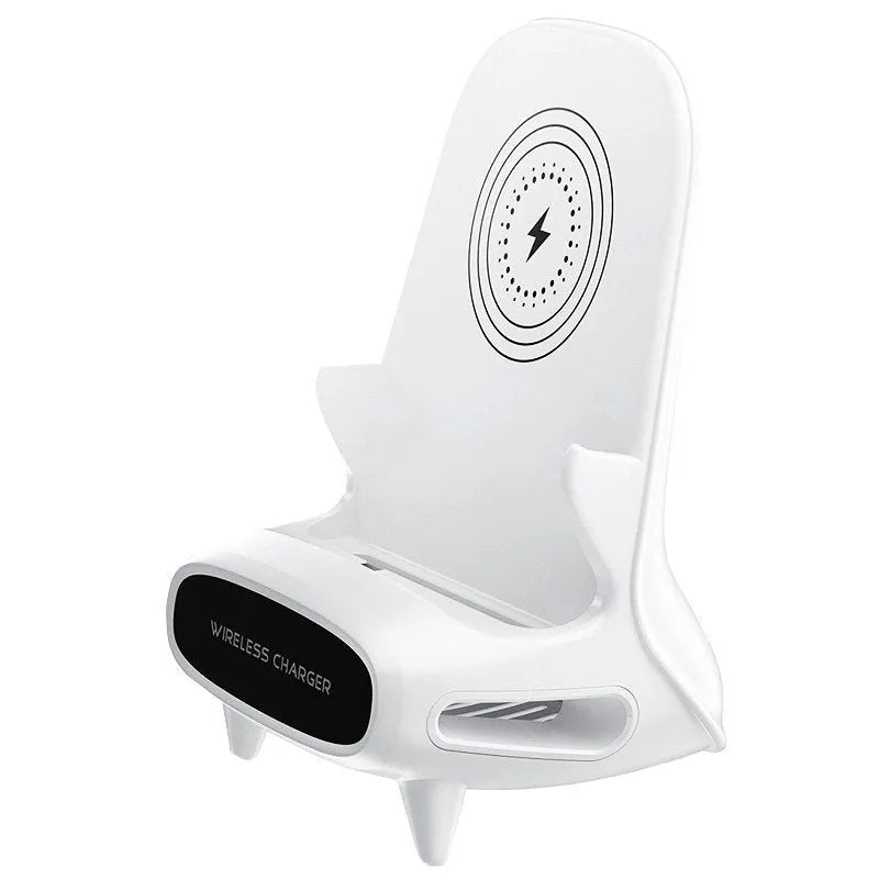 White mini chair-shaped wireless phone charger with 10W fast charging capability on desk