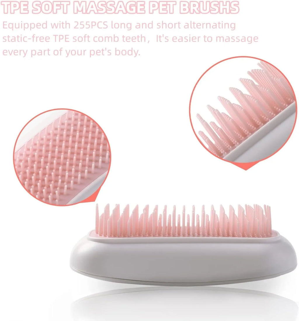 Pink handheld electric pet grooming brush with soft TPE teeth for cats and dogs.