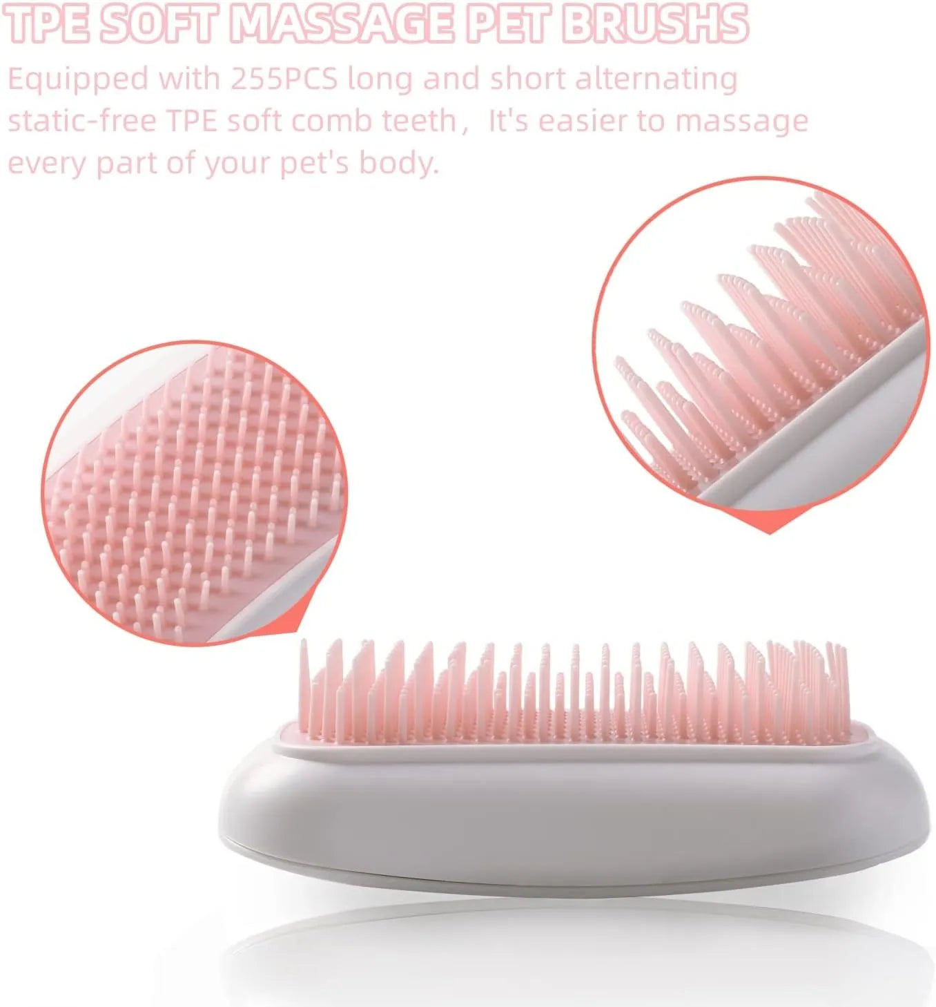 Pink handheld electric pet grooming brush with soft TPE teeth for cats and dogs.