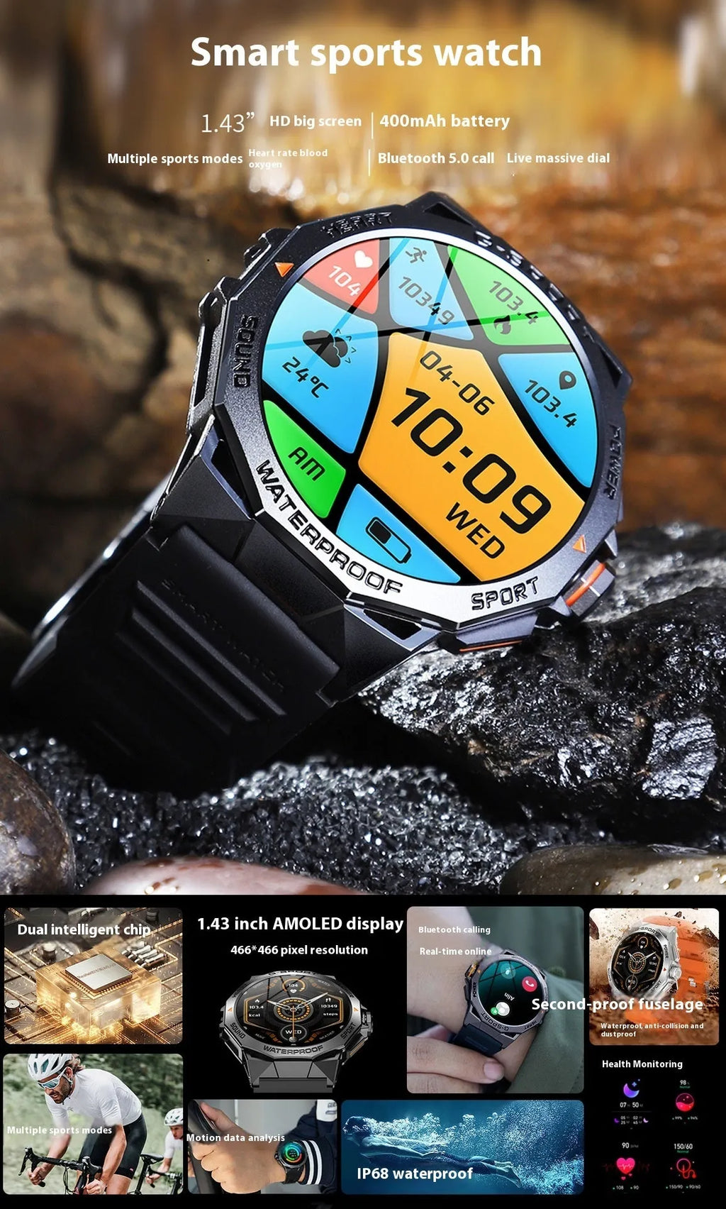 Smart watch with Bluetooth calling, TFT screen, silicone wristband, black or silver orange colour