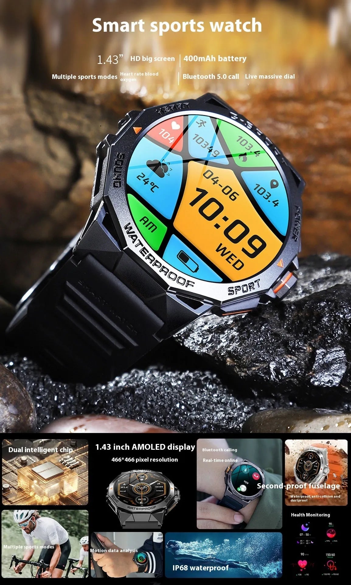 Smart watch with Bluetooth calling, TFT screen, silicone wristband, black or silver orange colour