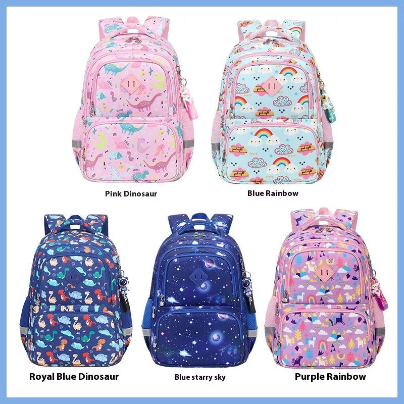 Blue children's dinosaur print school backpack with curved straps on a white background.