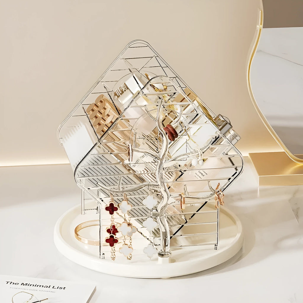 Rotating cosmetics storage box in clear or amber gold colour on a vanity