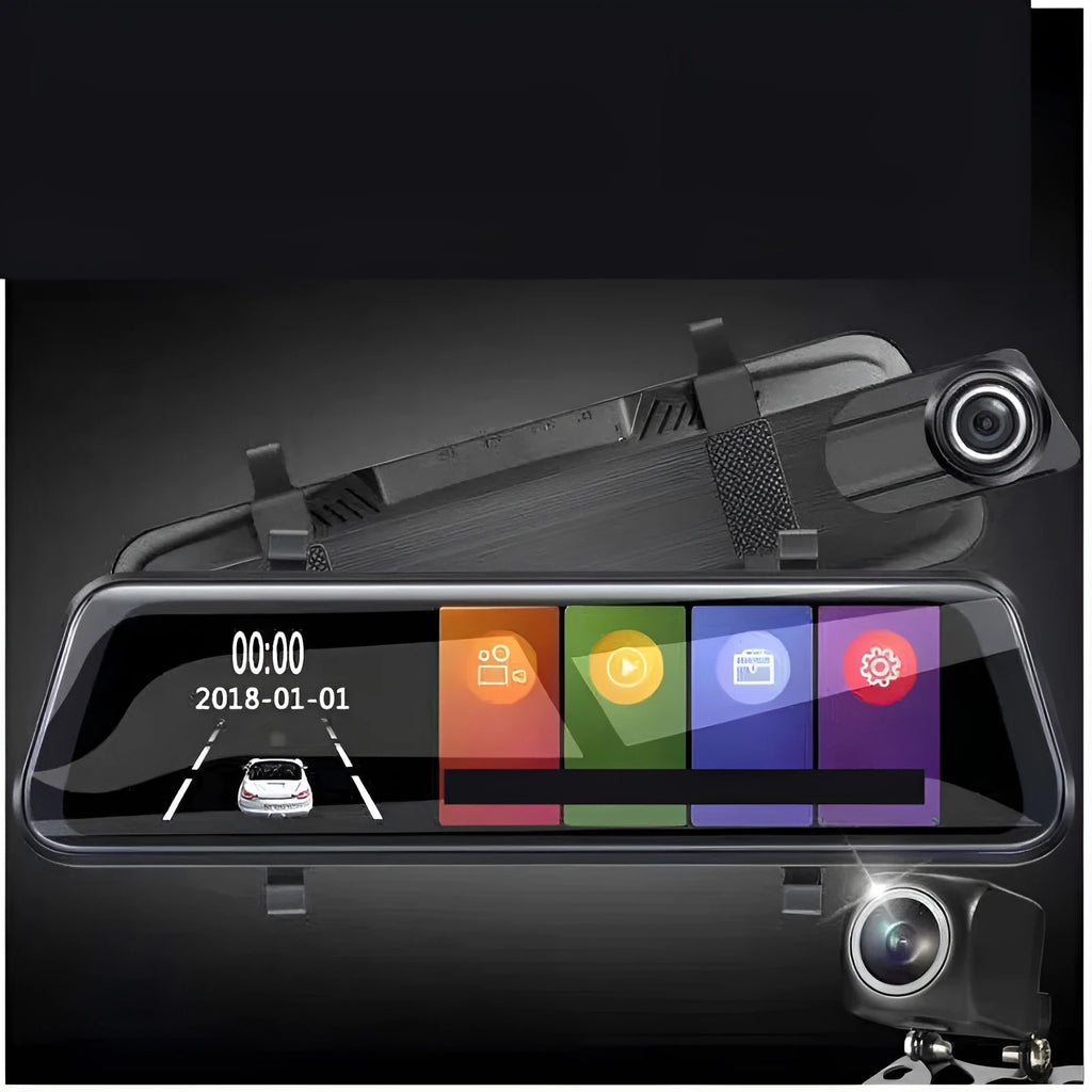 Streaming media electronic rearview mirror with dual lens front and rear cameras and night vision, 10 inch or 12 inch screen