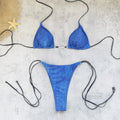 Low waist lace-up three-point mini bikini set in solid colour polyester, sizes S M L, backless briefs style