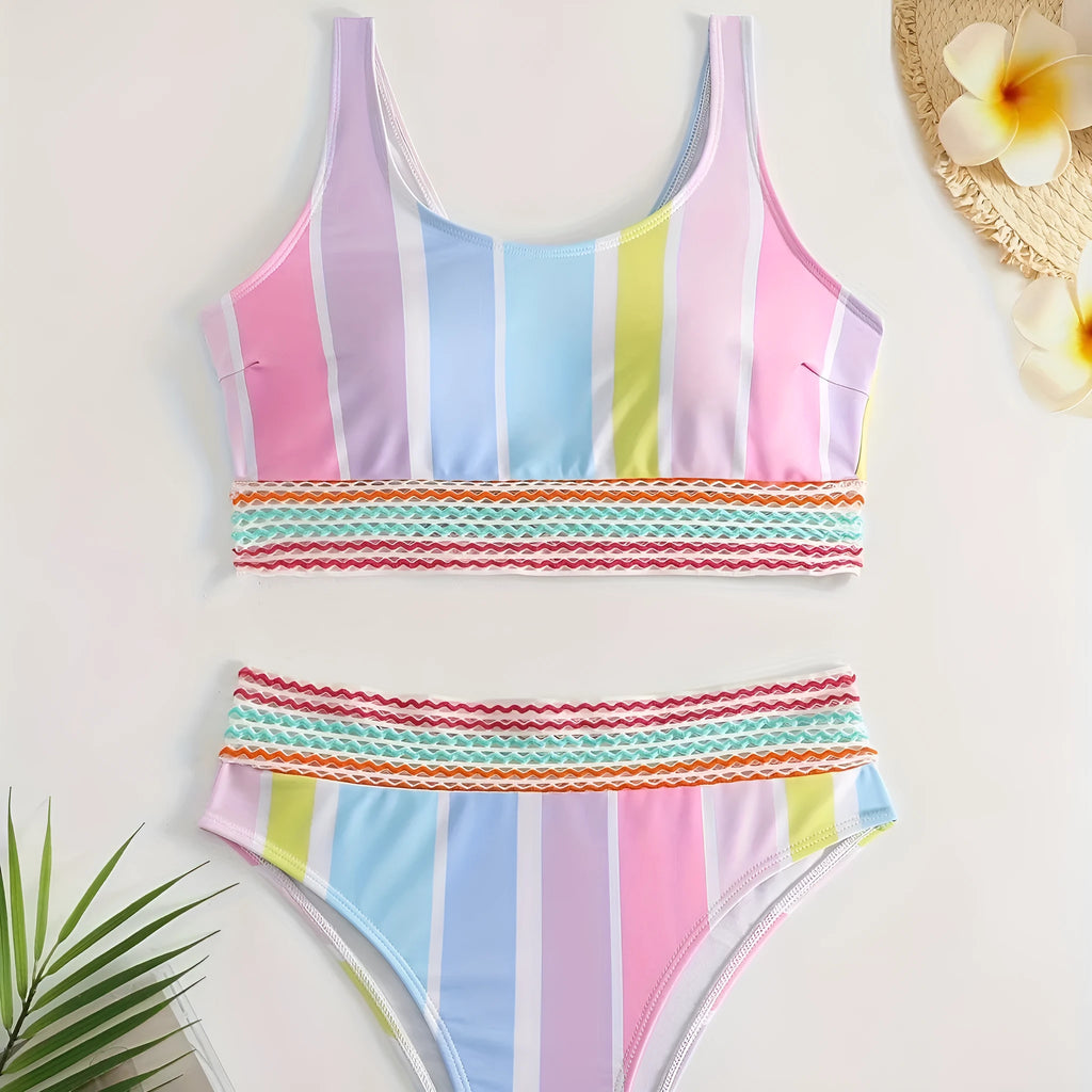 Women's striped two-piece bikini swimsuit in picture colour on a mannequin.