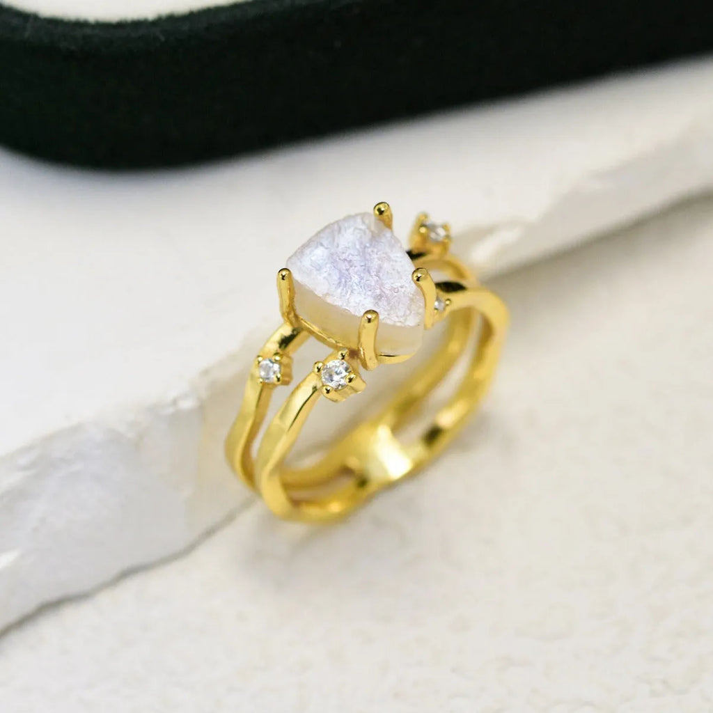 S925 sterling silver geometric ring with an irregular triangle moonstone in a choice of rose gold, white gold, or yellow gold finish.